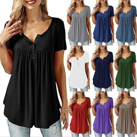Inverted Pleat Coat - Women Fashion Short Sleeves Loose Casual Pleat Tops Blouse Sexy Button T Shirt