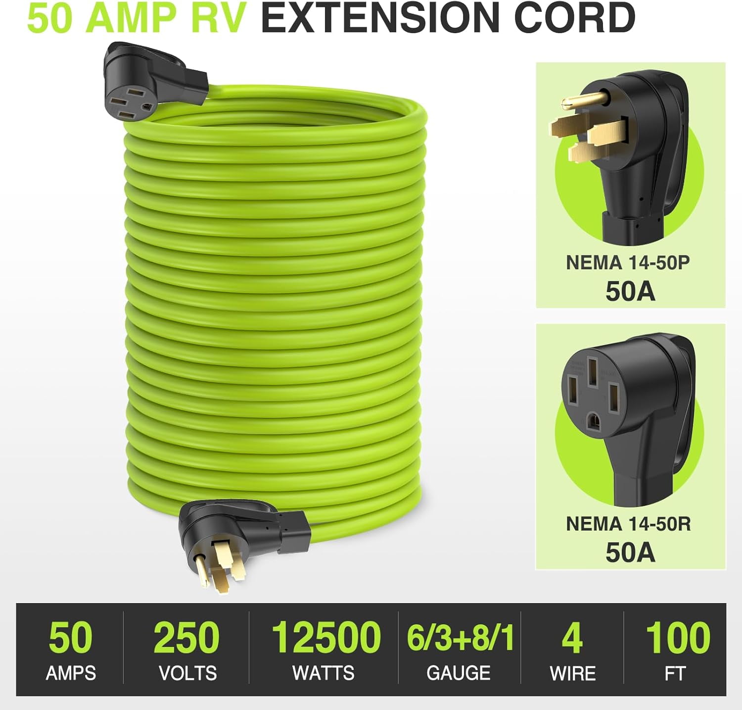 Nilight 100FT 50 Amp RV Extension Cord 250V Heavy Duty 6/3+8/1 Gauge Pure Copper STW Wire UL ETL Listed 4 Prong 14-50P 14-50R Weatherproof Suit for EV Trailer Campers Bright Green