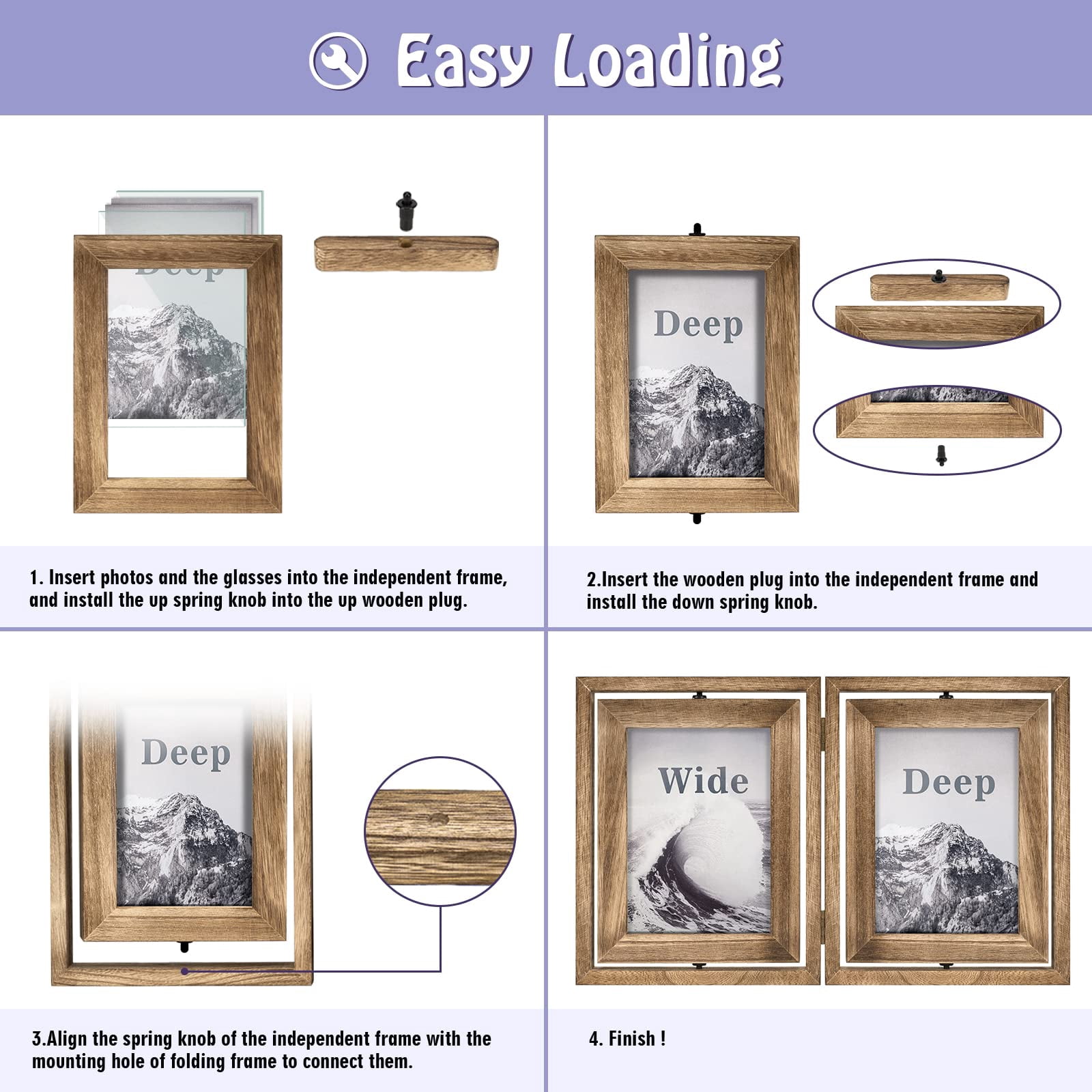 5x7 Picture Frame, Tabletop Wood Double Sided Display Folding Photo Frame, Rotatable High Definition Glass Collage Picture Frames, Rustic Brown