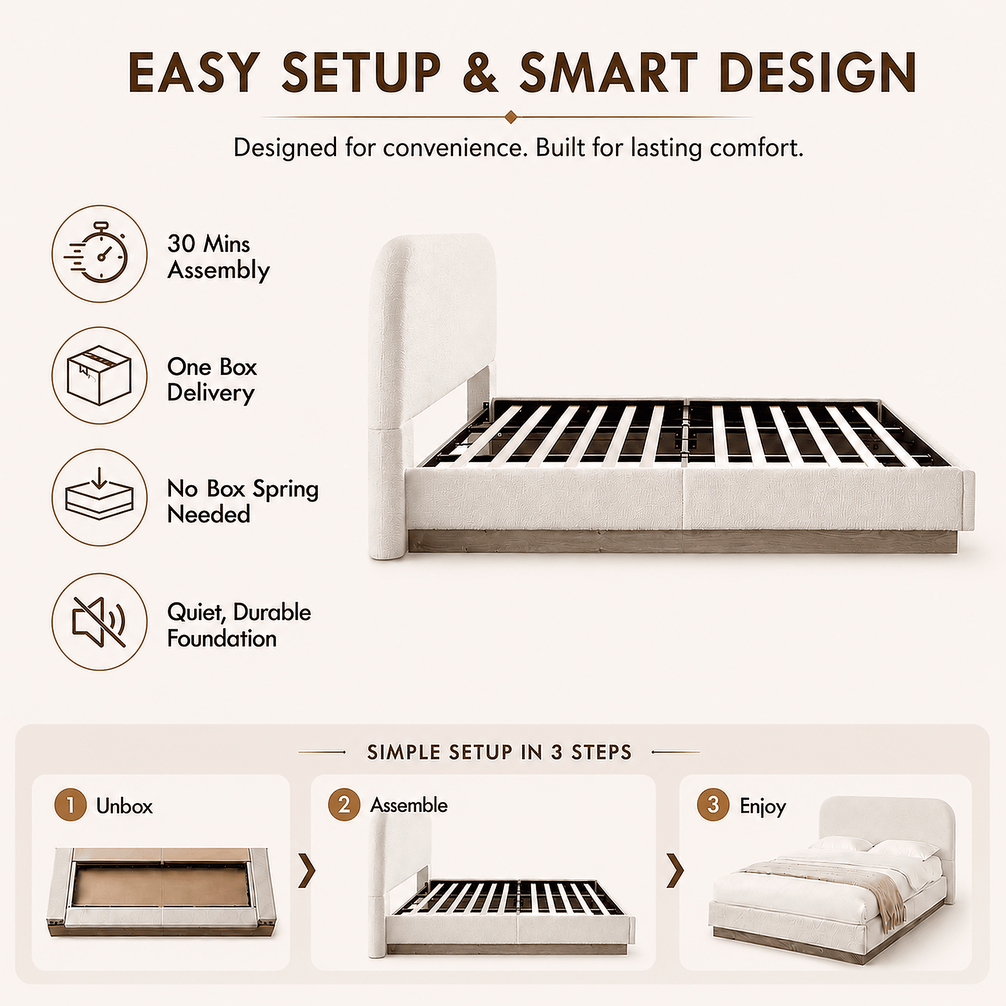 Miniyam King Upholstered Bed with 44.5 in Curved Headboard, Hidden Wood Base, Metal Frame, Cream White