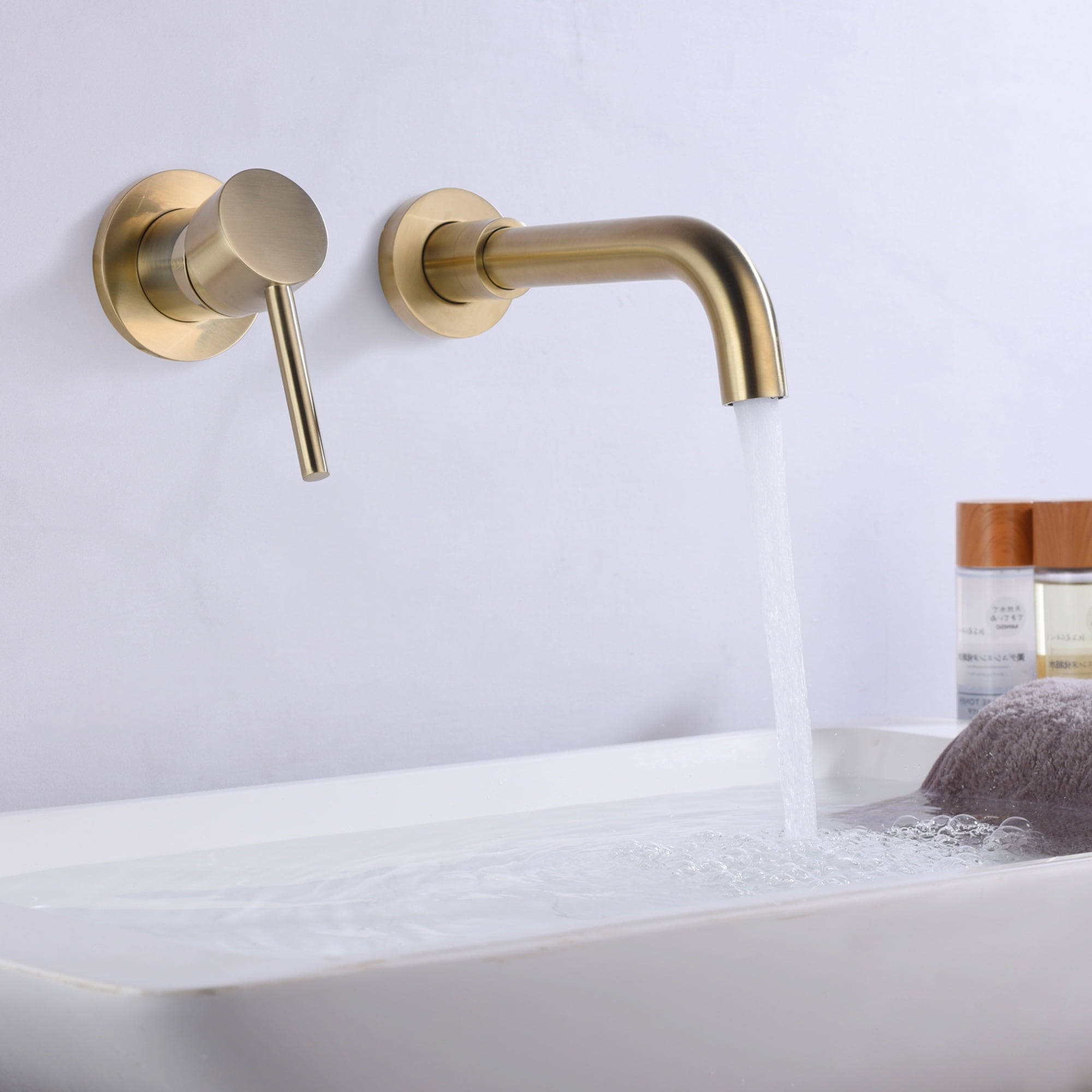 sumerain Wall Mount Bathroom Faucet Brushed Gold Lavatory Faucet, Single Left-Handed Handle