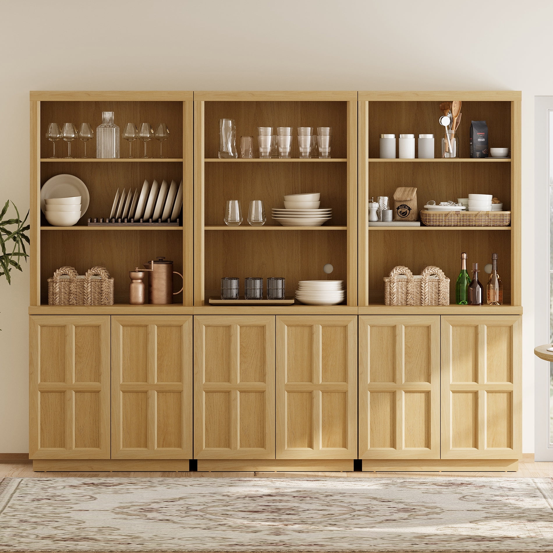 HOMOOI 3-in-1 Freestanding Pantry Cabinet, Boho Rustic Hutch with Open Display Shelves & Adjustable Inner Shelves, Anti-Wobble Wooden Storage Organizer for Kitchen, Dining Room, Entryway,Oak