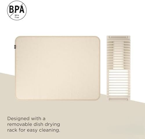 330720-354 UDRY Rack and Microfiber Dish Drying Mat-Space-Saving Lightweight Design Folds Up for Easy Storage, Standard, Linen