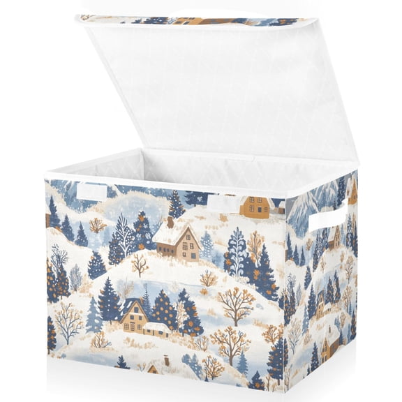 Yayeee Collapsible Cube Storage Bin with Lid Fabric Closet Decorative Basket with Handles, Snowy Winter