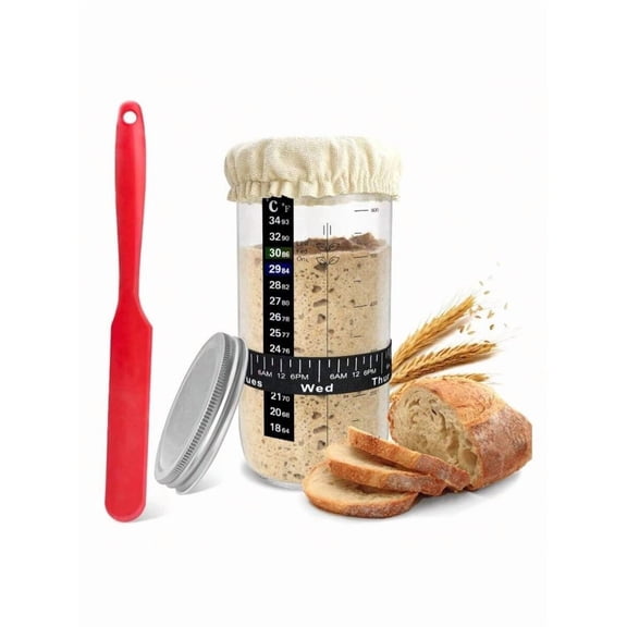 Sourdough Starter Kit with 24oz Glass Sourdough Jar, Complete Bread Making Supplies with Date Tracker, Thermometer and Spatula for Artisan Bread Baking