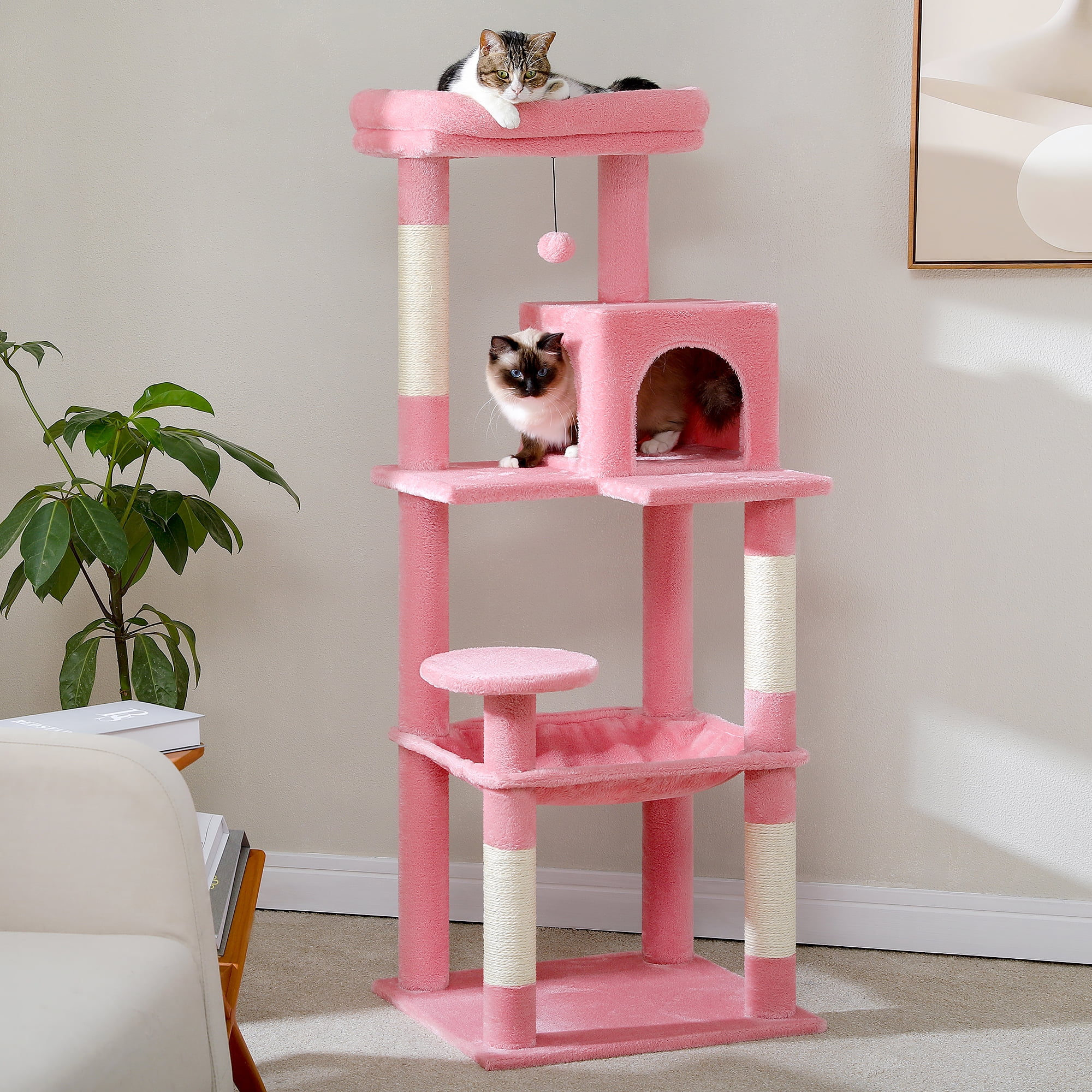 Kadyn 56" Wood Cat Tree Tower for Large Cats, Cat Tree House for Indoor Cats with Cozy Cat Condo, Super Large Hammock and Plush Perches, Pink
