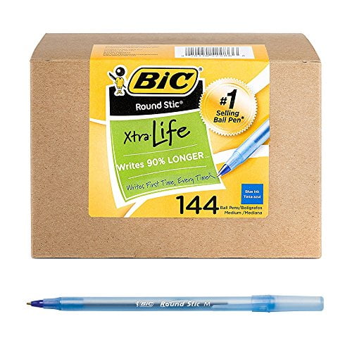 BIC Round Stic Xtra Life Ballpoint Pen, Medium Point (1.0mm), Blue, 144-Count