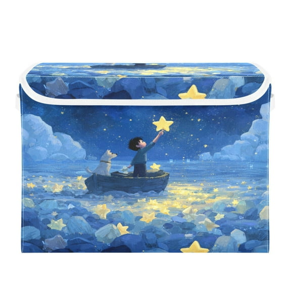 Large Collapsible Storage Box Flip Lid Fabric Decorative Organizer Container Basket with Handles 16.5×12.6×11.8in Boy and Dog
