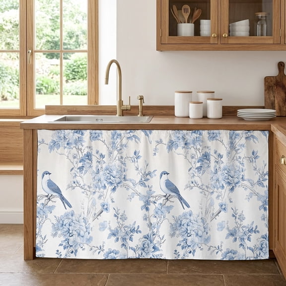 Blue White Flowers Cabinet Curtain 28"Wx51"L,Dustproof Storage Cabinet Curtain with Self Adhesive Tape,Spring Summer Floral Botanical Tall Pantry Cover Drape for Kitchen,Laundry Room,Utility Closet