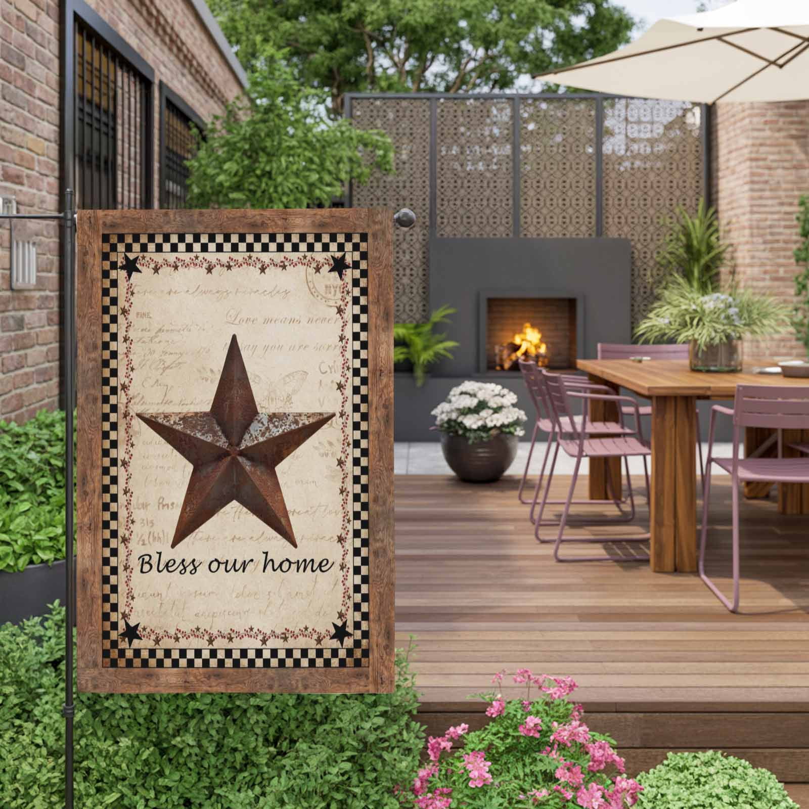 Retro Star House Flag 28 x 40 Inches, Bless Our Home Black Plaid Vintage Letter Farms Weather Proof Outdoor Patio Flags Double Sided Small House Decoration for Yard Lawn Outside Home