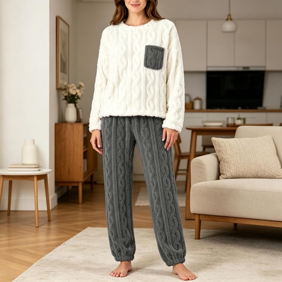 BaoFuBaoMei Cable Knit Pajamas for Women Crew Neck Long Sleeve Top and Pants Sleepwear Contrast Color Warm Comfy Winter Lounge Set