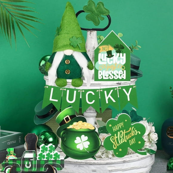 Valentine'S Day Tray Decoration - St Patrick'S Day St. Day Tiered Tray Decor Wooden Table Signs Green Block Wood Table Centerpieces with Holder for St. Home Holiday Decor, Easter