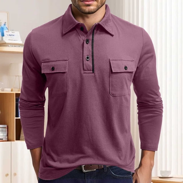 Polos pour Hommes Adultes à Manches Longues, T-Shirts Polo à Boutons Ajustés, T-Shirts Rouges pour Hommes