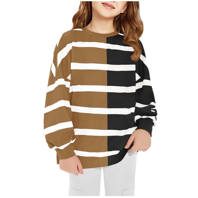 RXIRUCGD Chandails en Molleton pour Tout-Petits et Filles, Chandails en Molleton Rayés d'Automne, Col Rond, Manches Longues, Pulls Décontractés, Vêtements d'Automne et d'Hiver, Chandails en Molleton Marron pour Filles Taille 2-3 Ans