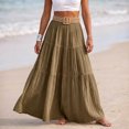thumbnail image 6 of IUYRTFE Women Cotton Linen Smocked Waist Maxi Skirt with Belt Solid Color Flowy Long Beach Skirt, 6 of 7