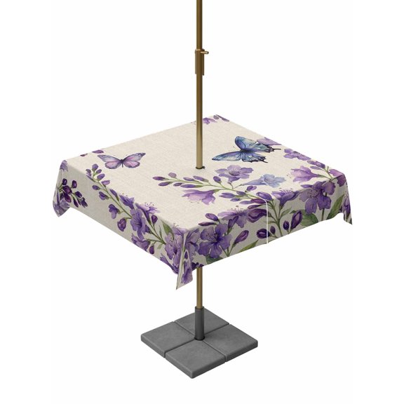 Outdoor Tablecloth with Umbrella Hole for Patio/Picnic/Party/Camping, Purple Flowers Waterproof Table Cloth Square Cover Washable, Butterfly Spring Floral Rustic Farmhouse (60"x 60")