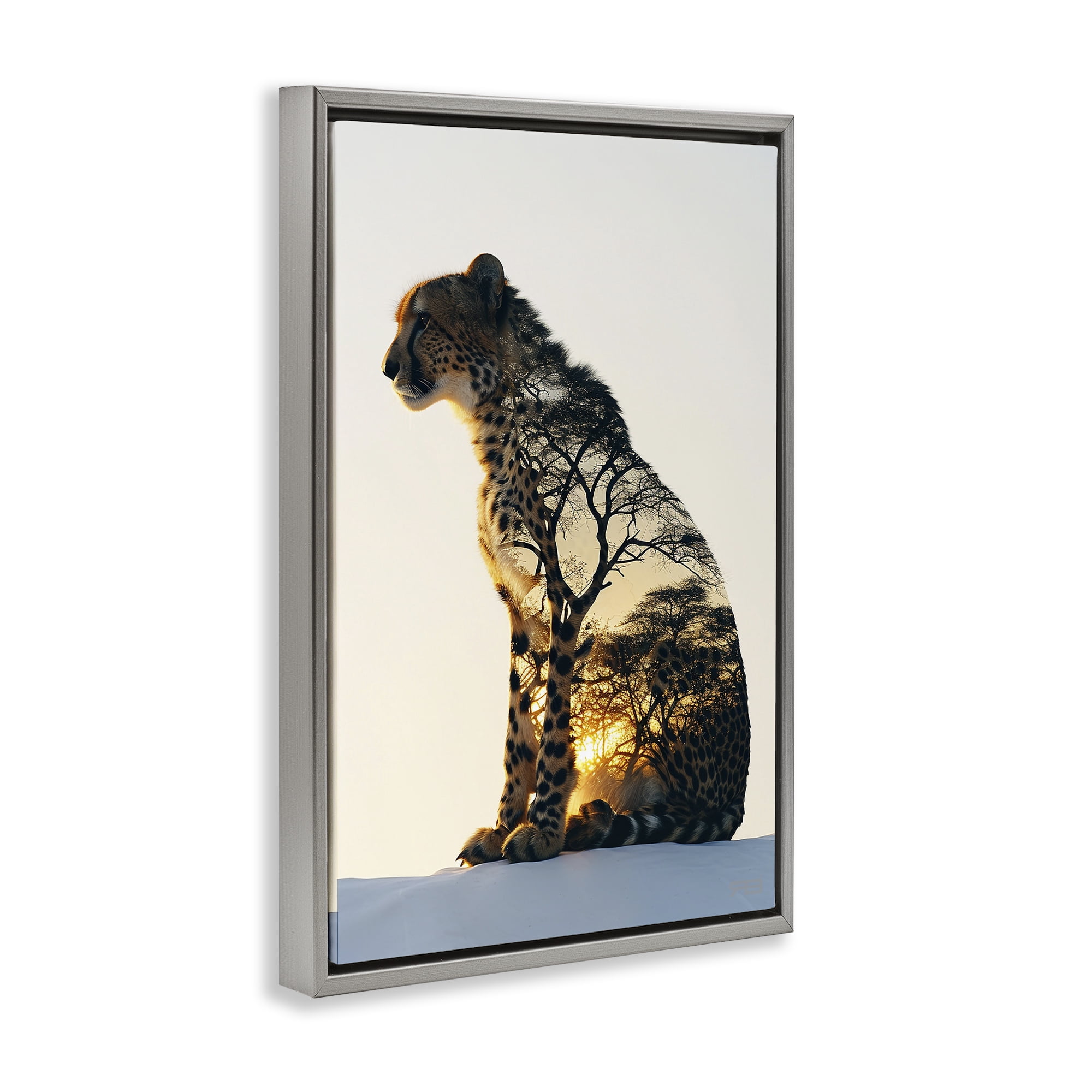Stupell Industries Leopard with Silhouette Animals & Insects Painting Gray Floater Framed Canvas Art Print Wall Art, 17 x 25