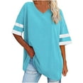 thumbnail image 2 of Wycnly Womens Blouses and Tops Dressy Breathable Comfy Casual Loose Fit Oversized Tshirts Summer Color Patchwork V-Neck Short Sleeve Cute Tees Tops Light Blue l, 2 of 6