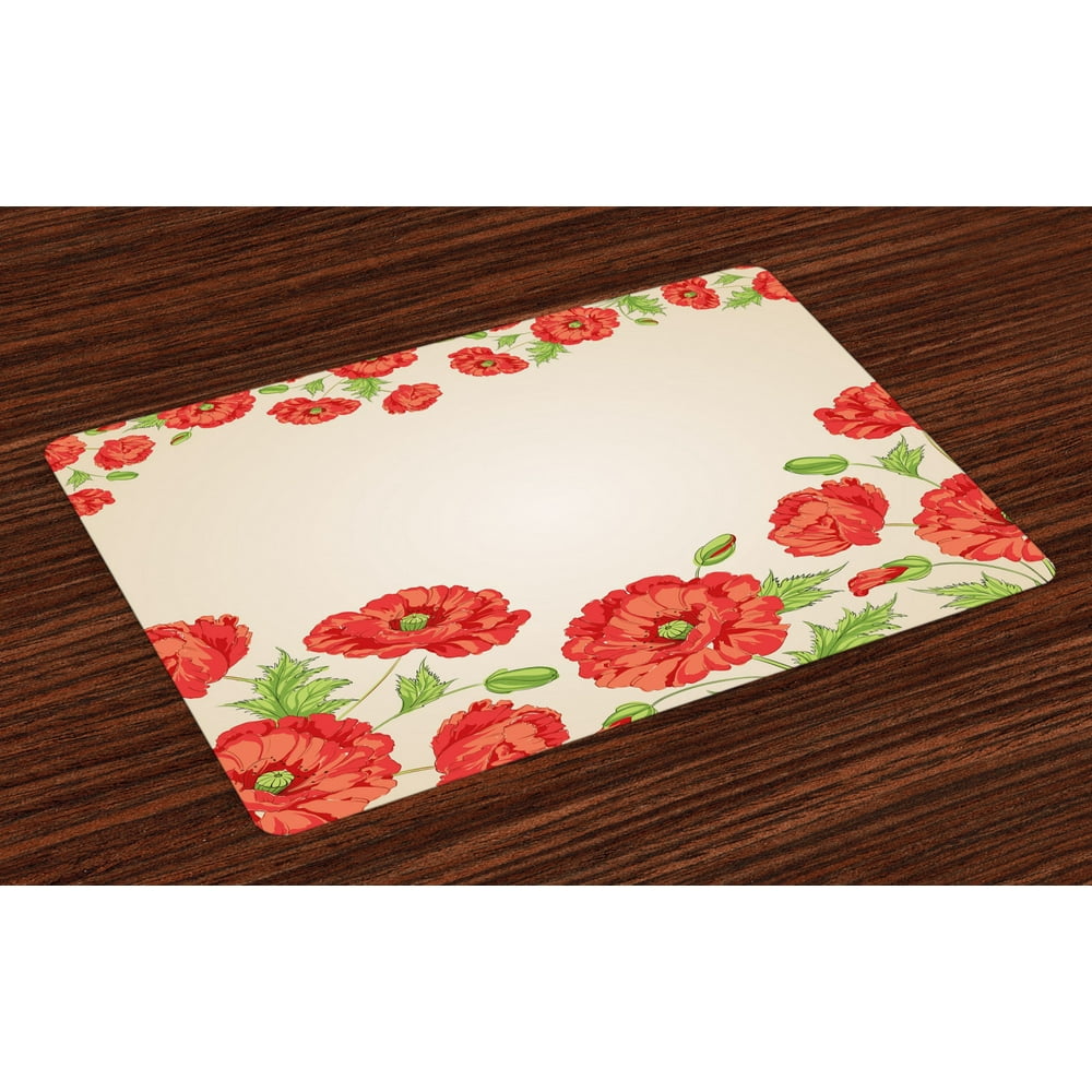 Floral Placemats Set of 4 Illustration of a Card with Poppy Flowers