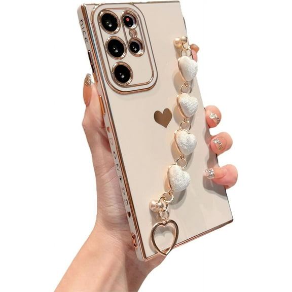 for Samsung Galaxy S24 Ultra 5g 2024 Case with Heart Bracelet Strap Luxury Plated Cute Love Hearts Cover with Hand Chain for Women Camera Protection Soft Shockproof Bumper(White)