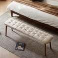 thumbnail image 3 of Set of 1 Dining Bench Table Bench with Leather Cushion, Wood Bench Solid Wooden Bench Indoor Dining Room Table Home Bedroom Bed End Restaurant Modern Hallway Furniture (White), 3 of 7