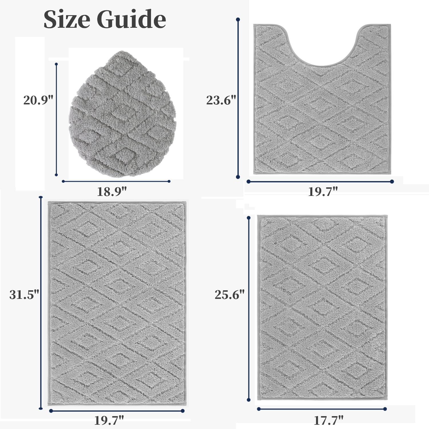 Yamaziot 4pcs Bathroom Rugs Set with U-Shaped Mat, Non Slip, Quick Drying, Ultra Soft and Water Absorbent Bath Rug Carpet Machine Washable Rug, Gray