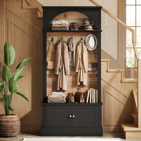 Fnova 4-in-1 Hall Tree and Shoe Cabinet, Coat Rack with Storage Bench, Coat Hanger and Adjustable Shelves, 70.87" Farmhouse Organizer, Black