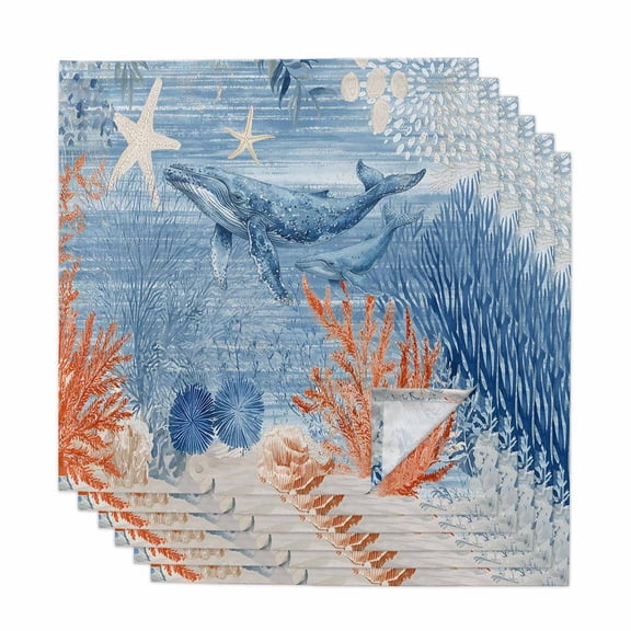 Blue Coastal Whale Cloth Napkins, Retro Nautical Marine Life Leaves Washable and Reusable Dinner Napkins Set of 6, Table Napkin for Kitchen Party Birthday Wedding Hotel Housewarming 20"x20"
