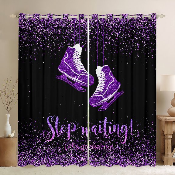 Manfei Kids Skating Lover Black Out Curtains, Black Purple Sequin Print Curtains Pack of 2 (42x63 Each), Modern Sports Lover Bedroom Curtains, Curtains and Drapes Room Decor