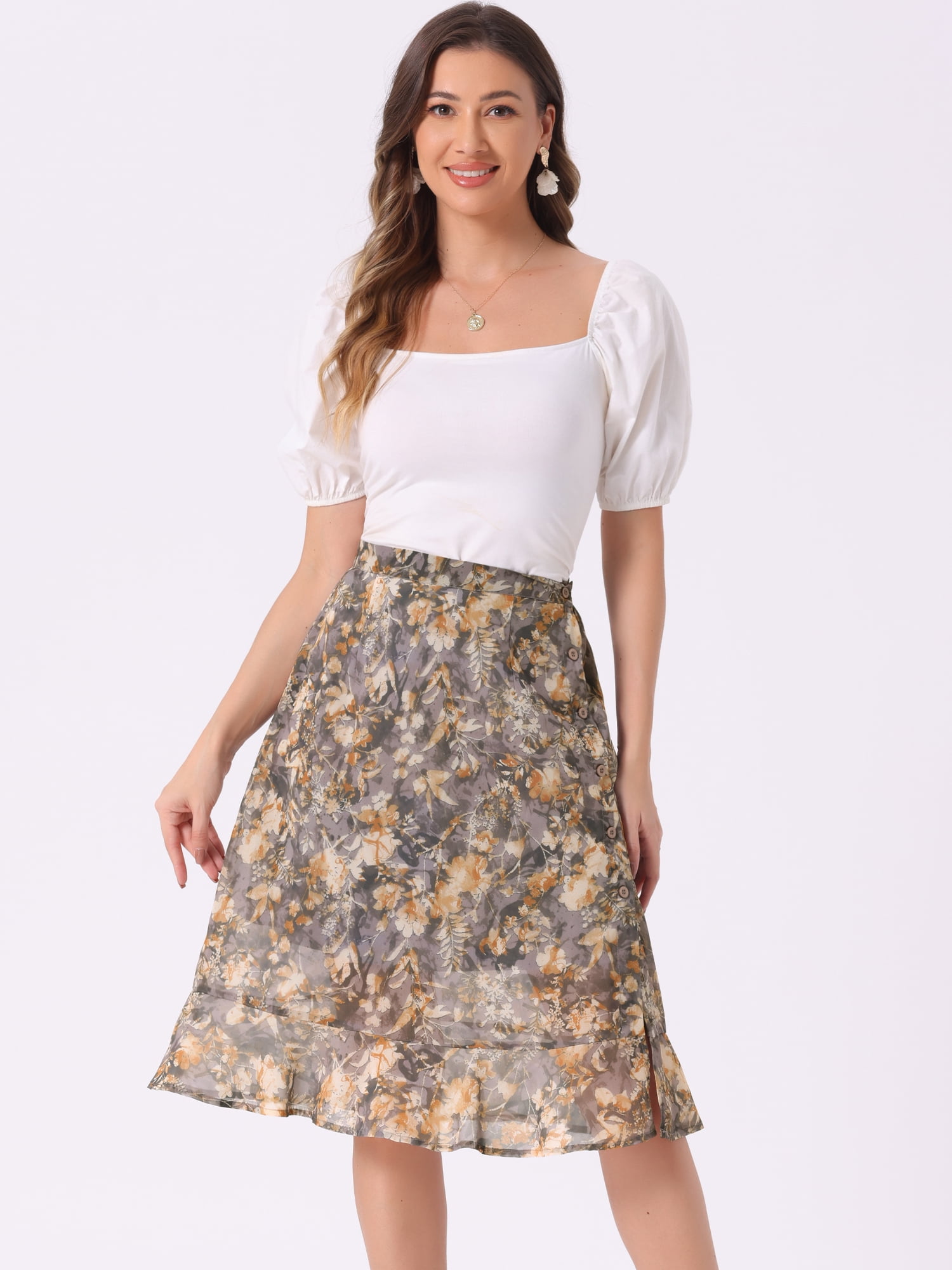 DARING DIVA Women's Floral Ruffle Hem Elastic Back Split Skirt S Grey