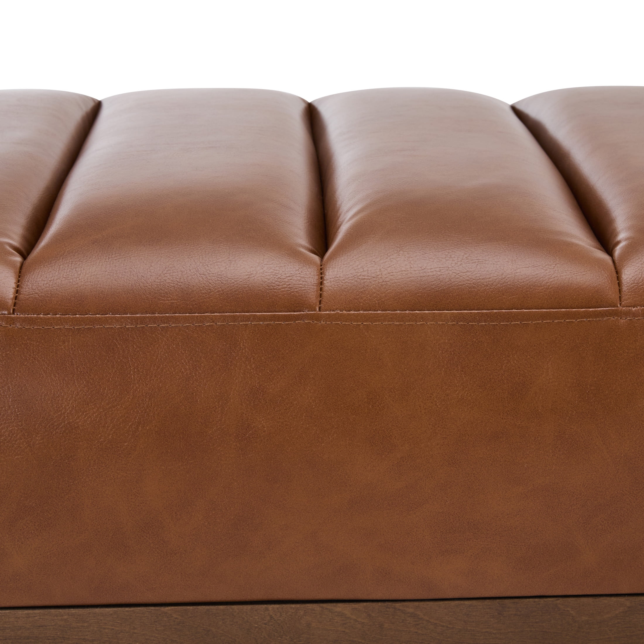 Modern PU Upholstered Bench with Channel Tufting, Metal Base, Brown+Gold