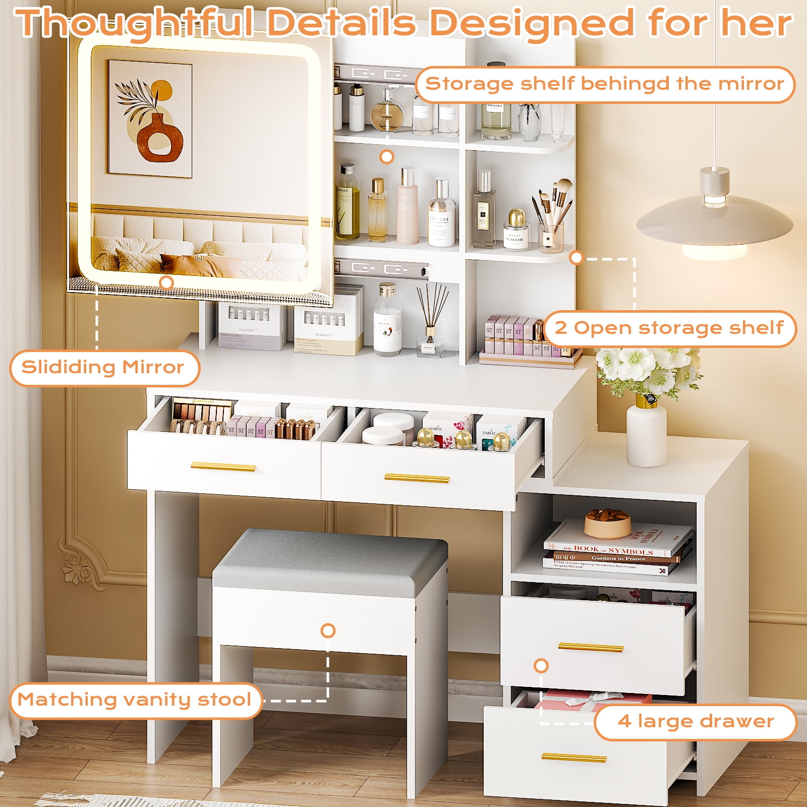 Ktaxon Lighted Makeup Vanity Table Set, Dressing Table with Sliding Mirror, Vanity Desk , White
