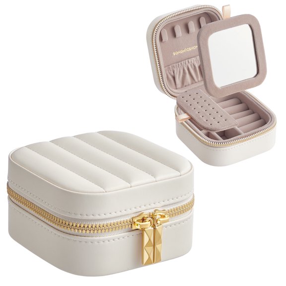 SONGMICS HOME ANAH Travel Jewelry Box, Portable PU Jewelry Case Organizer with Mirror, 4.1 x 4.1 x 2.4 Inches, White