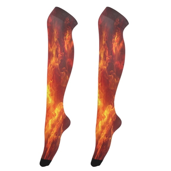 Sexy Stay Up Thigh High Stockings for Women - Dynamic Fire Flame Pattern Silky Smooth Sheer Nylon with Non-Slip Band