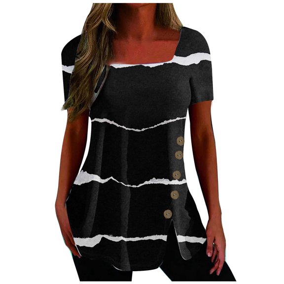 Dyegold Summer Tops for Women 2023, Womens Summer Dressy Casual Tops Square Neck Side Split Button Blouse Loose Flowy Ombre Floral Print Tunic Henley Shirt