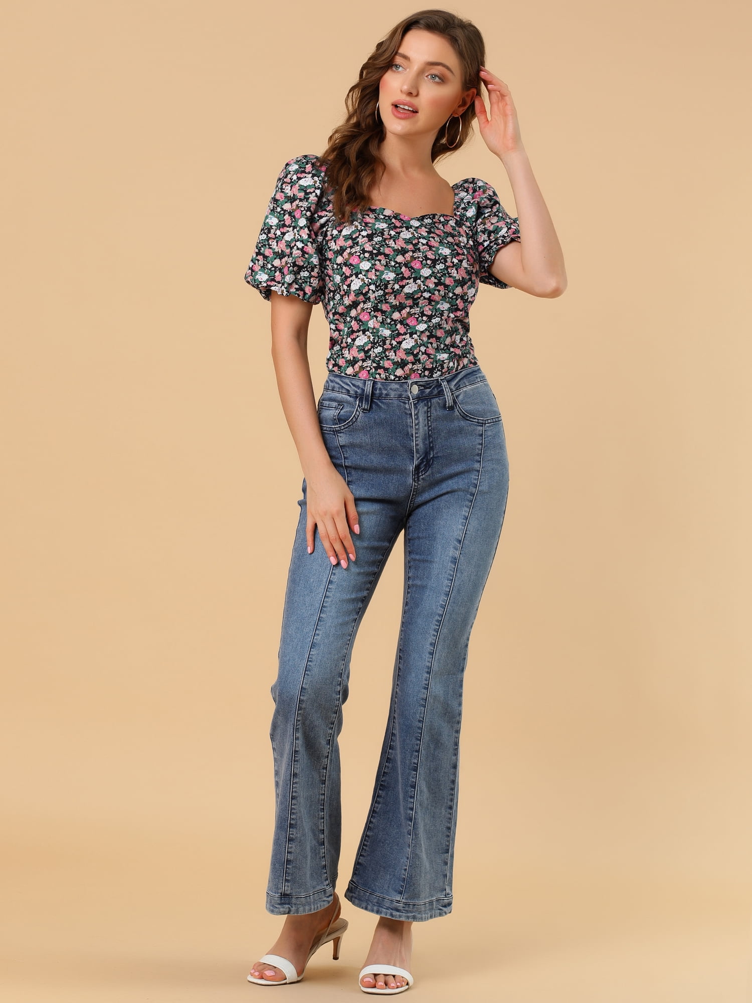 DARING DIVA Puff Sleeve Sweetheart Neck Smocked Floral Top XL Black