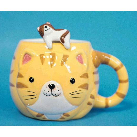 Ebros Orange Tabby Cat Ceramic Coffee Mug With Kitten Latch On Spoon Set 5.5"L