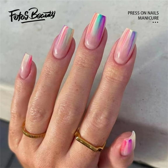 Fofosbeauty 24pcs Press on False Nails, Short Coffin Fake Nails, Gradual Colorful Mind