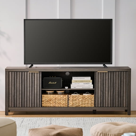 ARKANTOS Mid-Century Modern TV Stand for TVs up to 75 inch, Wave Pattern Doors and Open Shelves, Charcoal Oak
