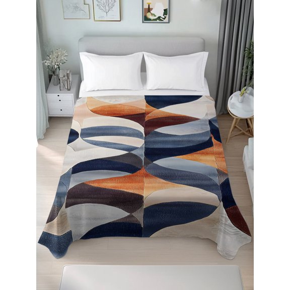 Queen Size Flat Sheet Only,Orange Navy Blue Soft Top Bed Sheets Breathable Bedding Sheet Retro Geometric Abstract Microfiber Hotel Luxury Top Sheets