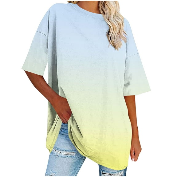 Kaemgyyd Womens Oversized T Shirts Half Sleeve Crewneck Gradient Summer Tops Casual Loose Plus Size Basic Tees