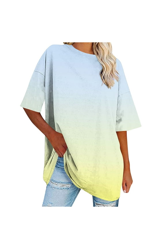 Plus Size Tops for Women Summer Casual Crew Neck Short Sleeve Oversized T-Shirts Loose Soft Gradient Tee (M, Yellow)