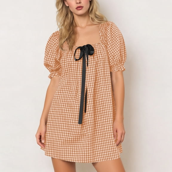 BLTIBY Women's Babydoll Mini Dress Puff Sleeve Square Neck Cute Tie Dresses Plaid Sundress Trendy Going Out Dress Streetwear Clothes Khaki S
