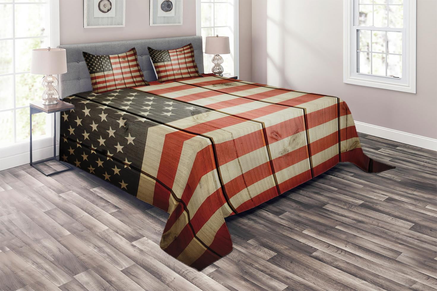 American Flag Coverlet Set, Usa Flag over Vertical Striped Wooden Board