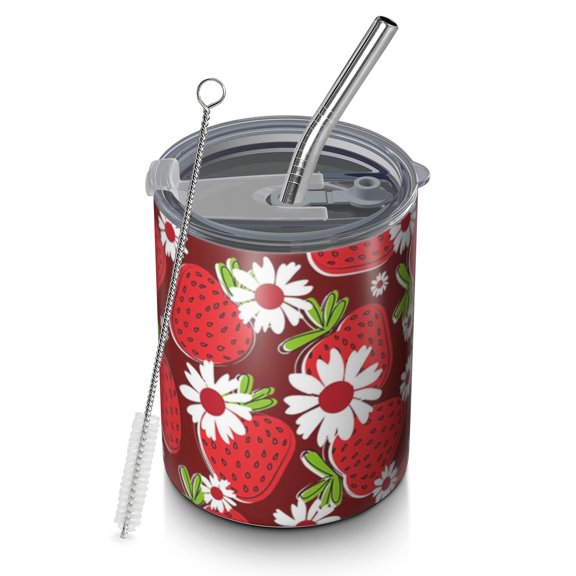12oz Coffee Tumblers Red Strawberry Plants Fruit Flower Stainless Steel Vacuum Insulated Travel Tumbler Coffee Cups Mug with Lid and Straw with Cleaning Brush for Cold & Hot Drinks