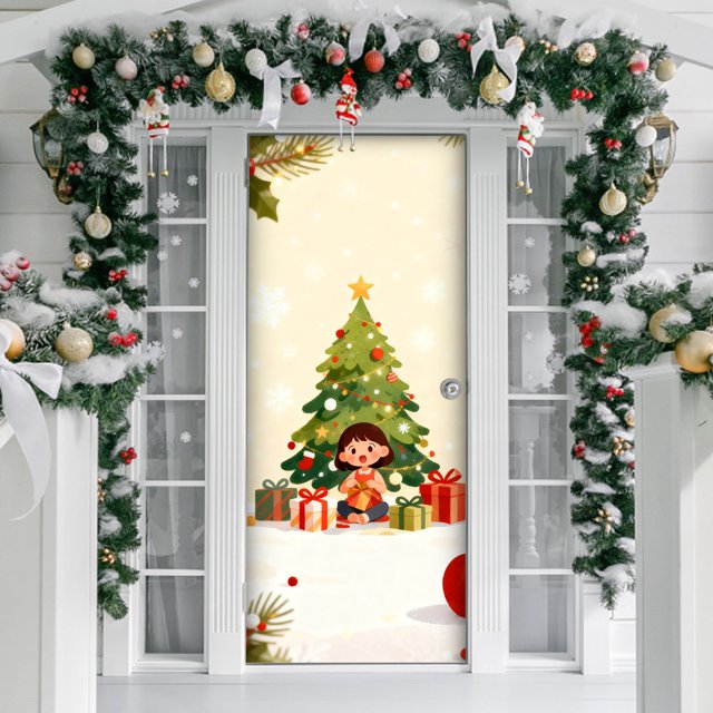 BotaniNest Door Curtain With Festive Holiday Design Red Background With Snowflakes And Trees Fabric Door Cover For Party And Home Holiday Display