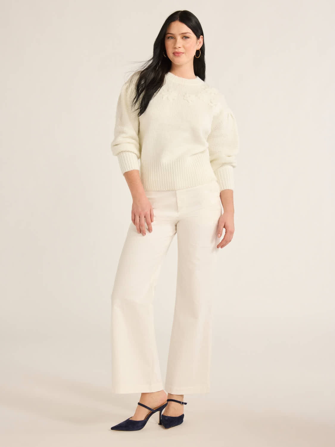 Free Assembly Women's & Women's Plus Embroidered Flower Sweater with Long Sleeves, Midweight, Sizes XS-4X