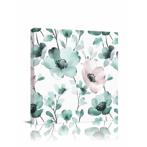 Vintage Teal Canvas Wall Art, Pink Floral Watercolor Blossom Flowers Abstract Framed Wall Decor Modern Artwork Prints Painting for Living Room, Bedroom, Kitchen & Cafe Decor 16x16 Inch