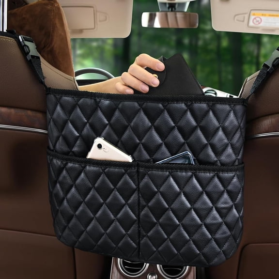 Purse Holder for Car - Net Pocket Organizer for Handbag Storage Between Seats - Dog Car Barrier - Car Accessories for Women and Men (Leather Black with 3 Pockets)