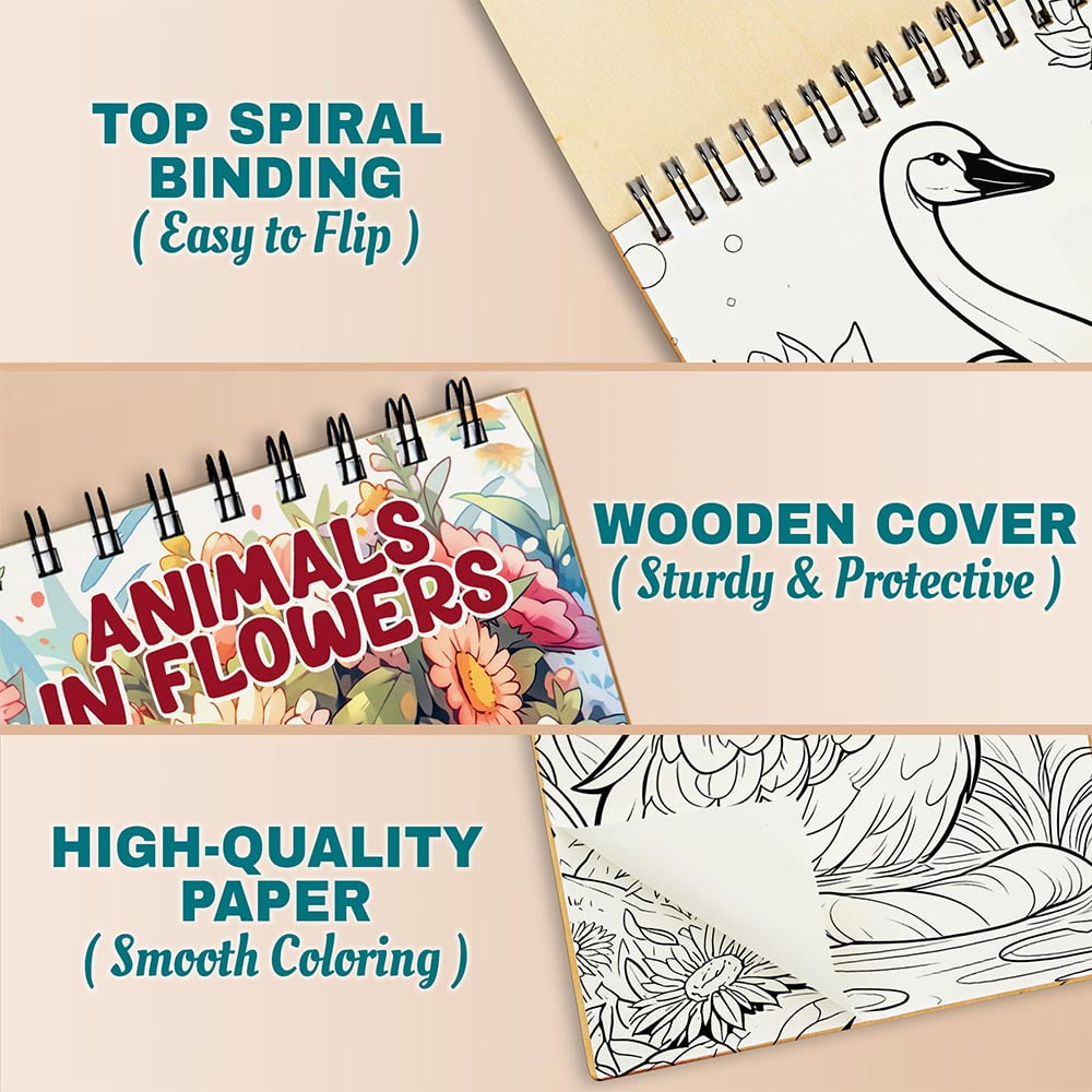 Netecom Animals in Flowers Coloring Book Spiral Bound For Adults, A5 Wooden Cover, 30 Beautiful Coloring Pages of Cute Animals and Vibrant Flowers for Stress Relief